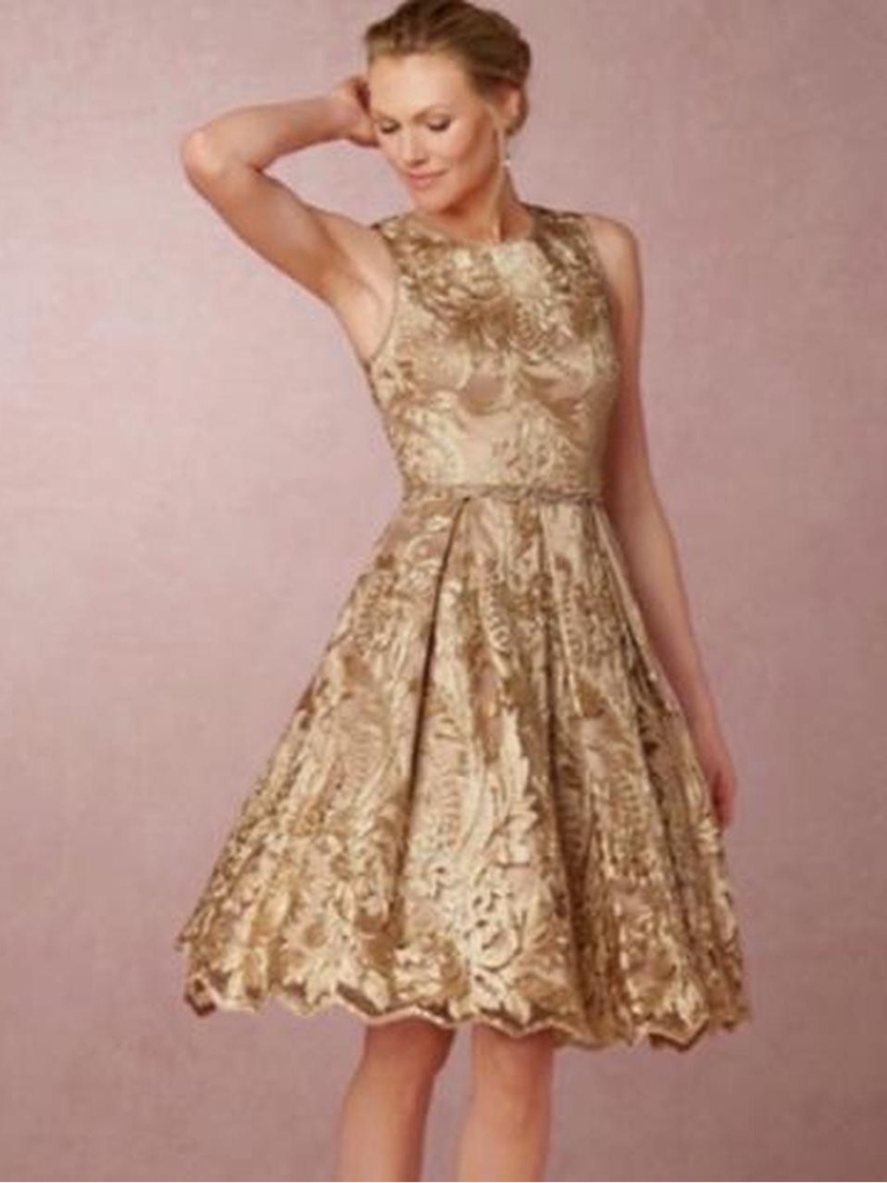 ELIZA J Elegant Rose Gold Lace Fit-and-Flare Dress